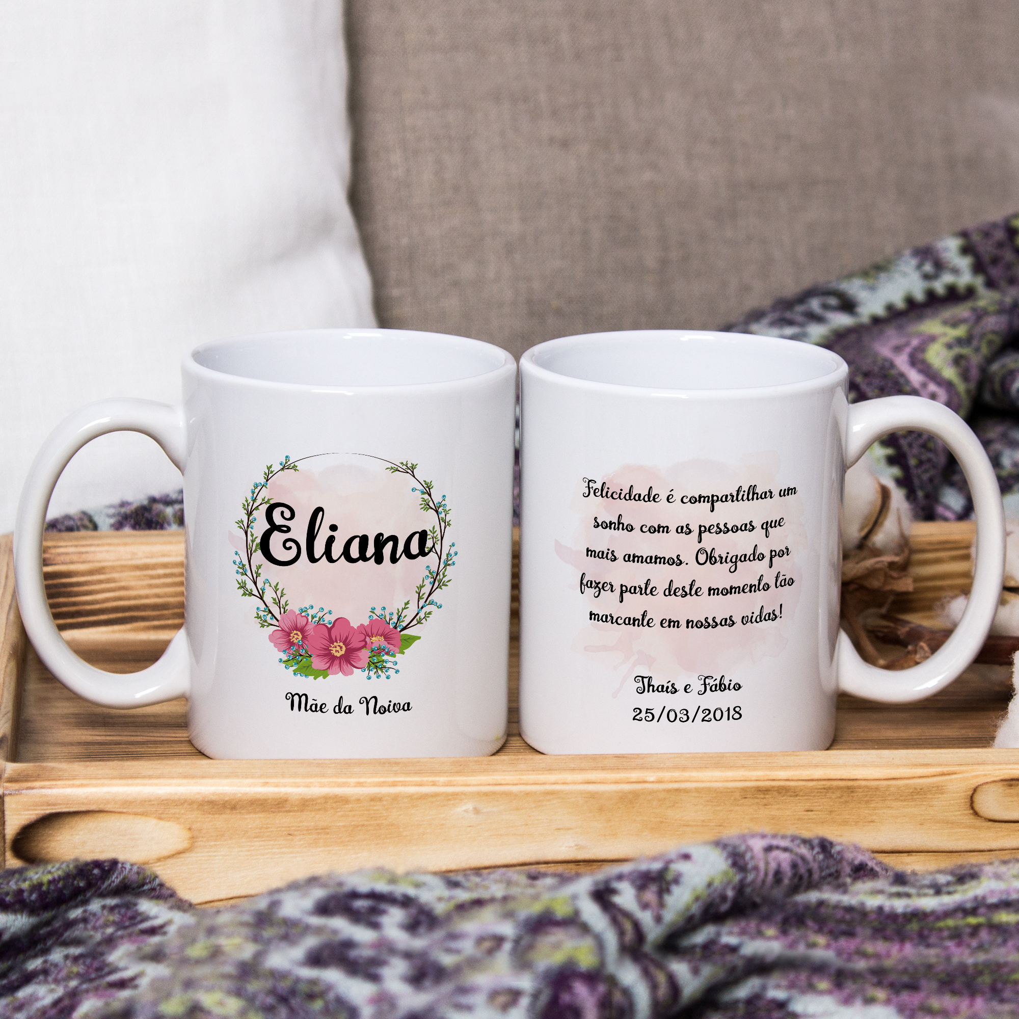Kit 2 Canecas Personalizadas com Nome Casamento Mãe dos Noivos Presente Lembrança