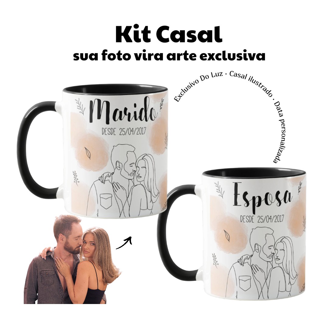 Kit Casados - 2 Canecas Esposa e Marido Personalizado com Ilustração Casal - Preta - Outros (Casal)