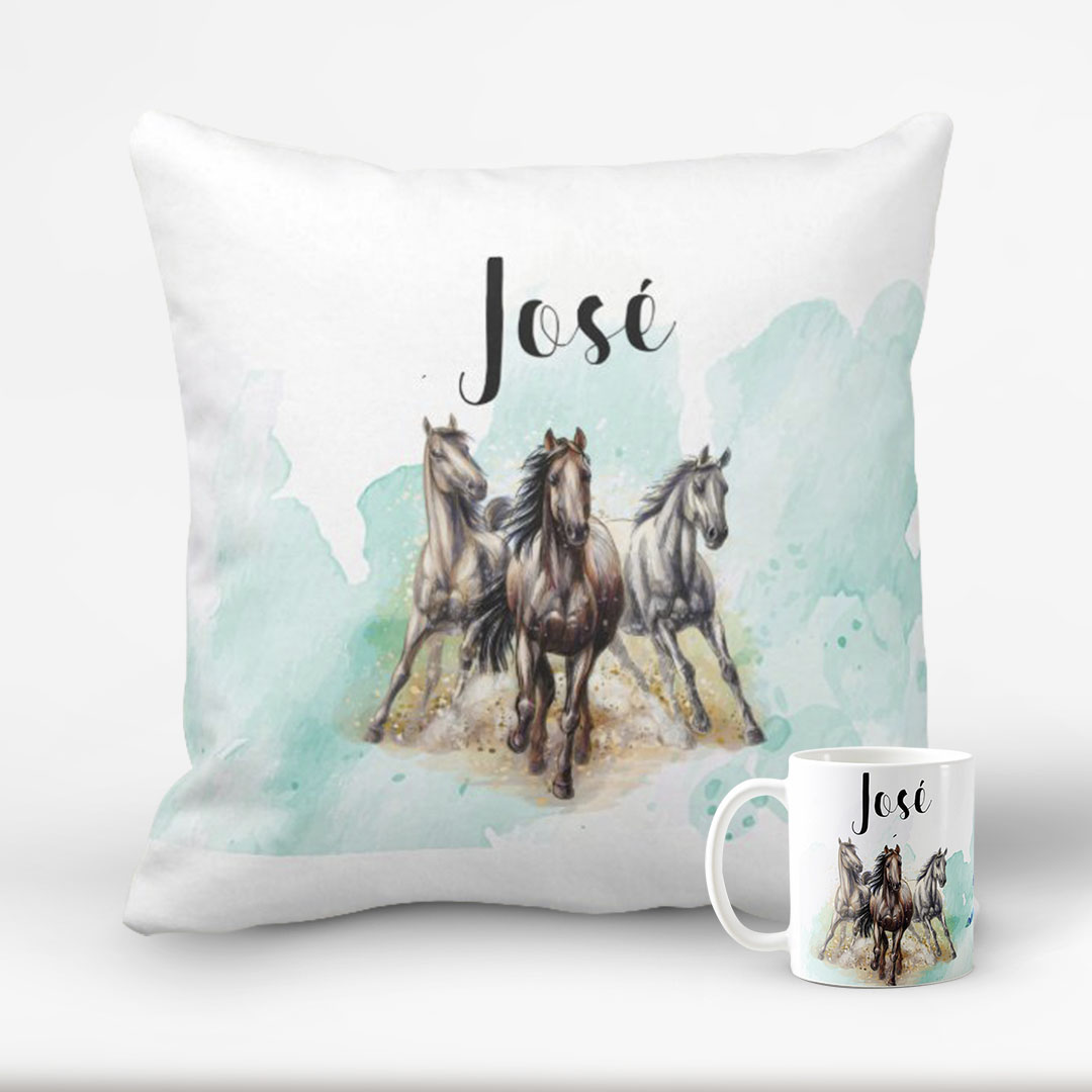 Conjunto Almofada Decorativa Caneca Cavalo Hipismo Com Nome Hipismo - Outros (Corporativo)
