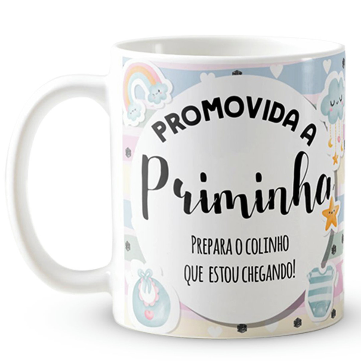 Caneca Presente Gravidez para Prima Priminha Familia Cresceu - Anúncio de Gravidez (Família/Geral)