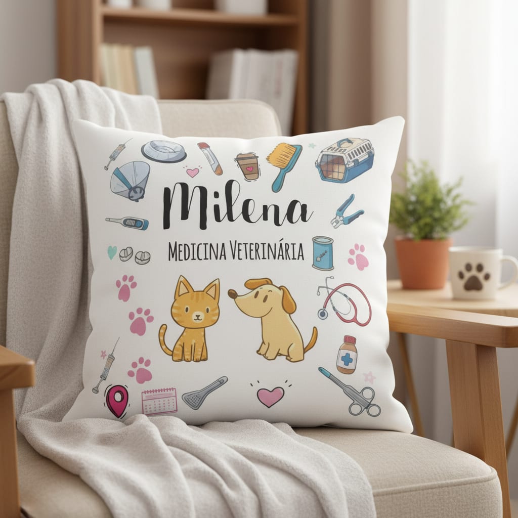 Almofada Decoração Presente Criativo com Nome Veterinária - Profissões (Veterinário(a))