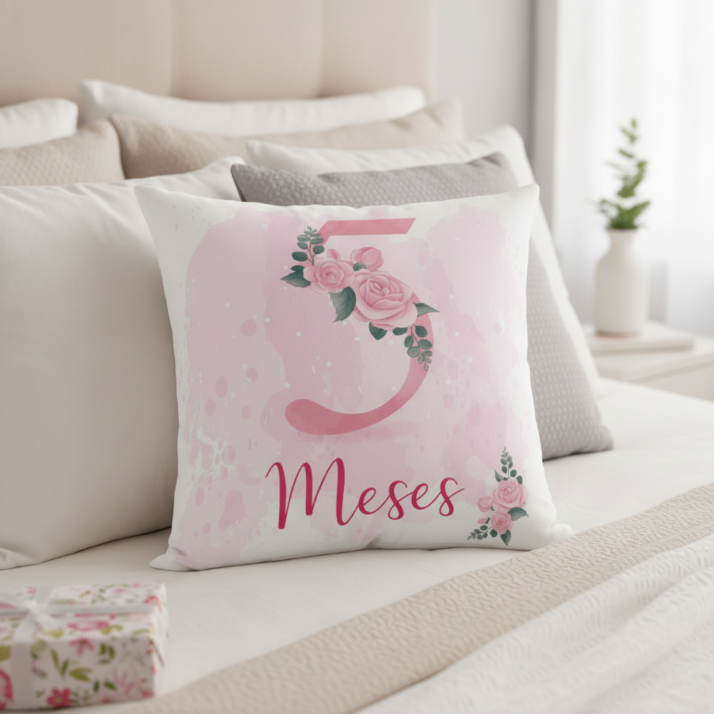 Almofada Personalizada de Mesversário Feminina Mês 5 Floral