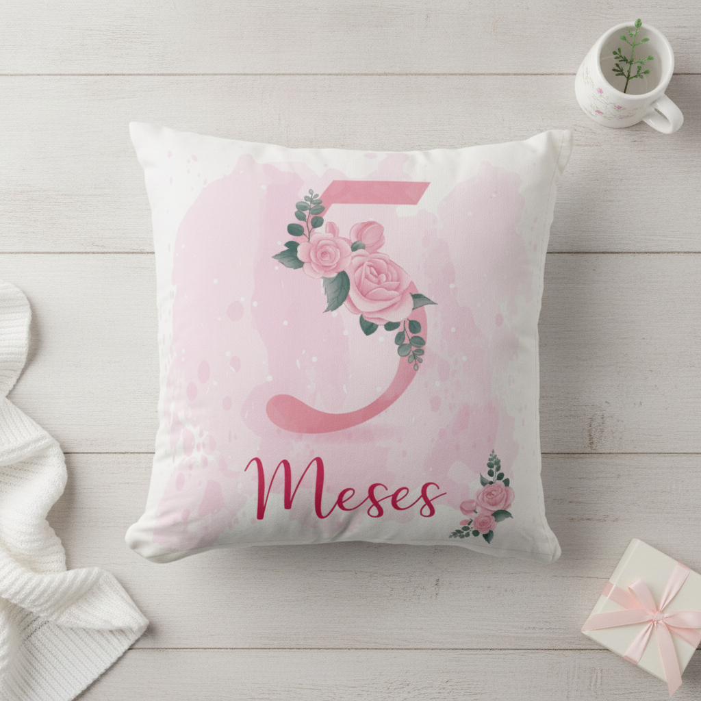 Almofada Personalizada de Mesversário Feminina Mês 5 Floral - Família (Bebê)