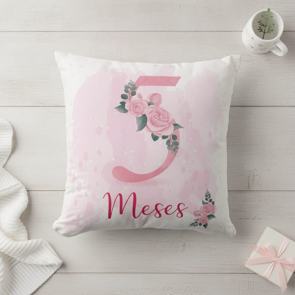 Almofada Personalizada de Mesversário Feminina Mês 5 Floral - Família (Bebê)