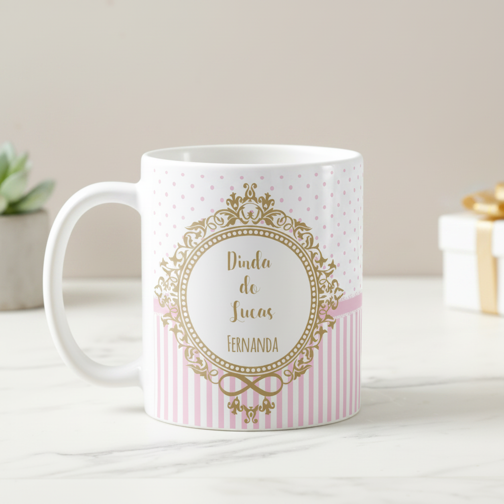 Caneca Presente Batizado Madrinha Dinda Brasão com Nomes - Batizado (Madrinha)