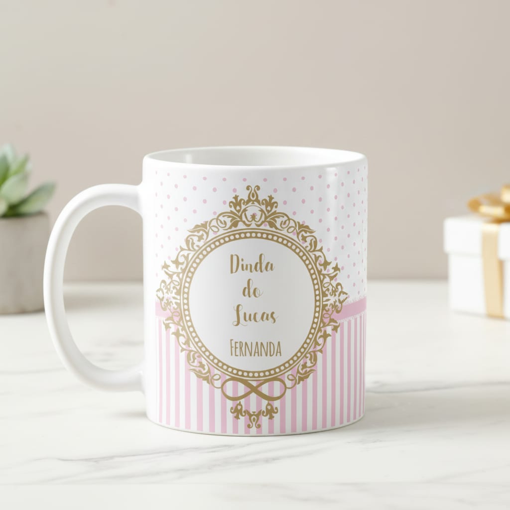 Caneca Presente Batizado Madrinha Dinda Brasão com Nomes
