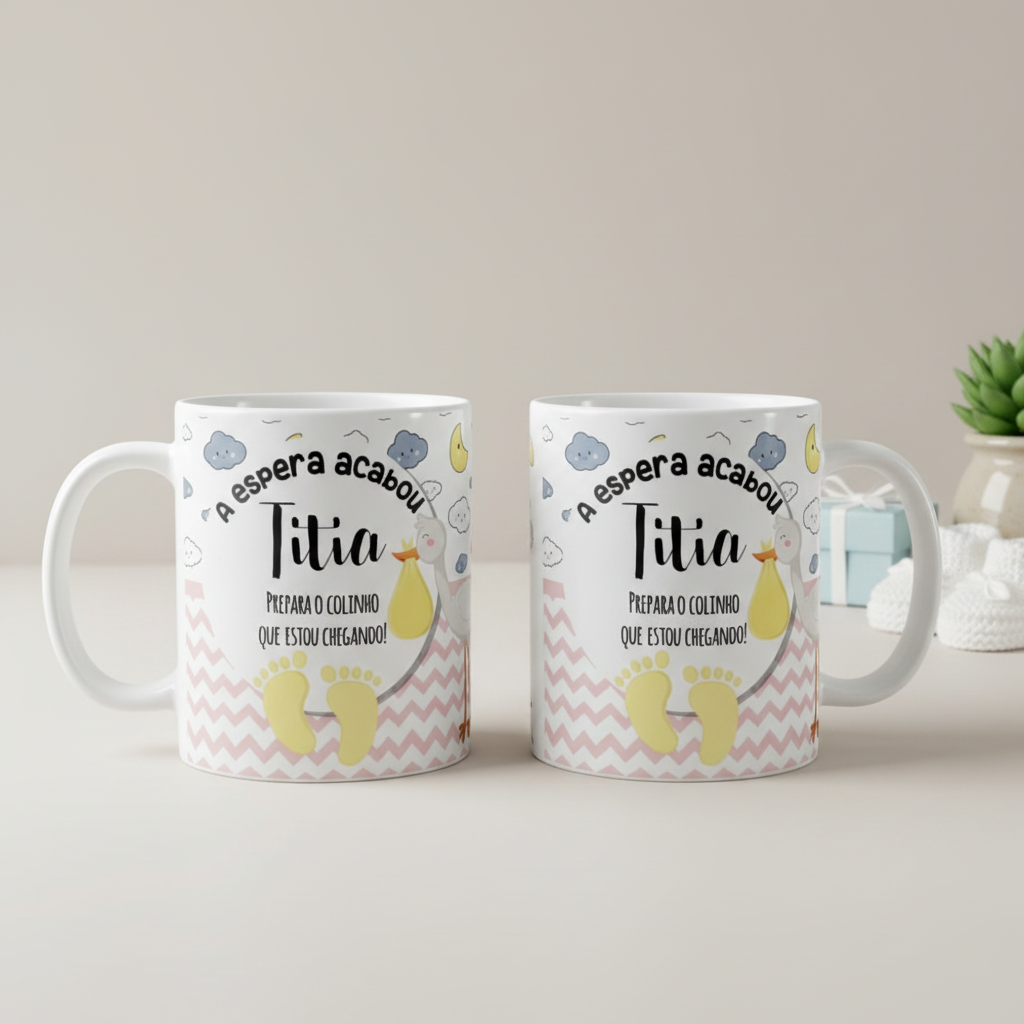Caneca kit 2 Gravidez Presente Tia Titia Prepara o Colinho - Anúncio de Gravidez (Tia)