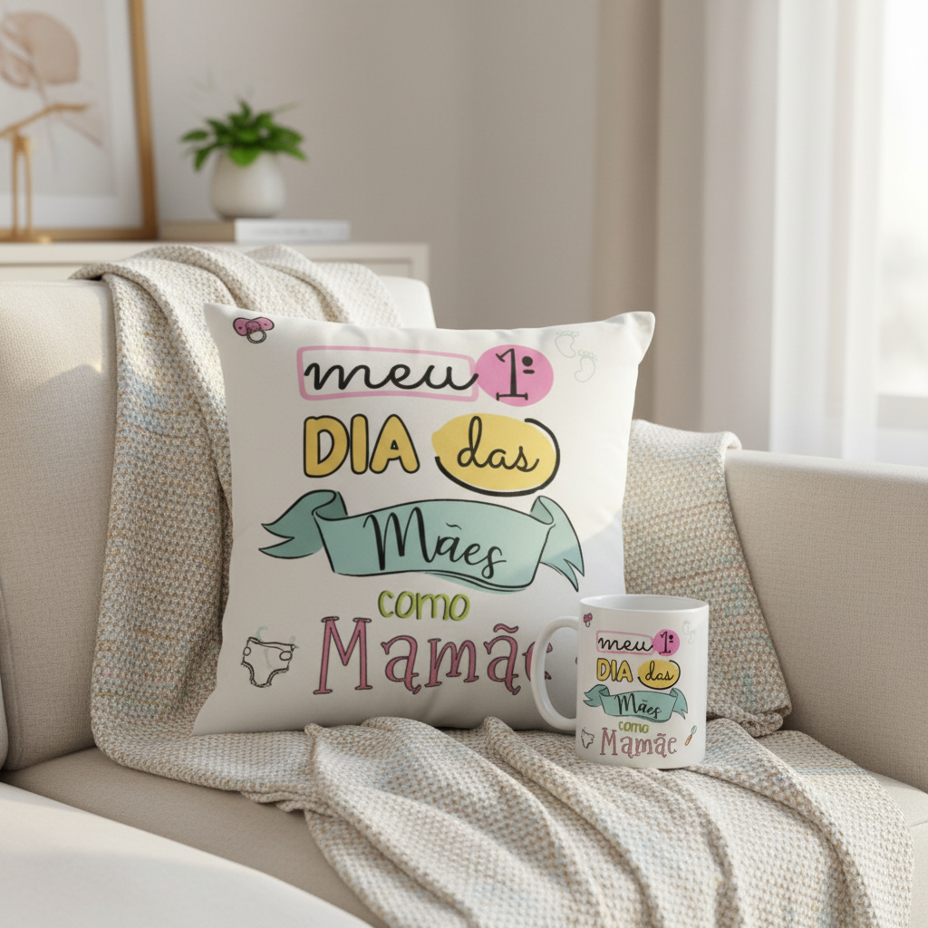 Presente Meu Primeiro Dia das Mães Almofada e Caneca Mamãe - Família (Mãe)