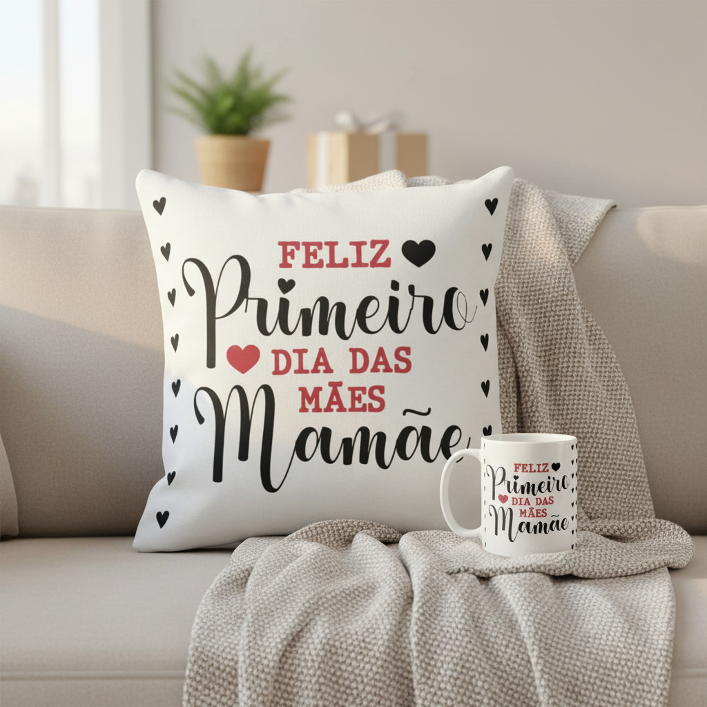 Kit Presente Primeiro Dia das Mães Almofada e Caneca Mamãe - Família (Mãe)