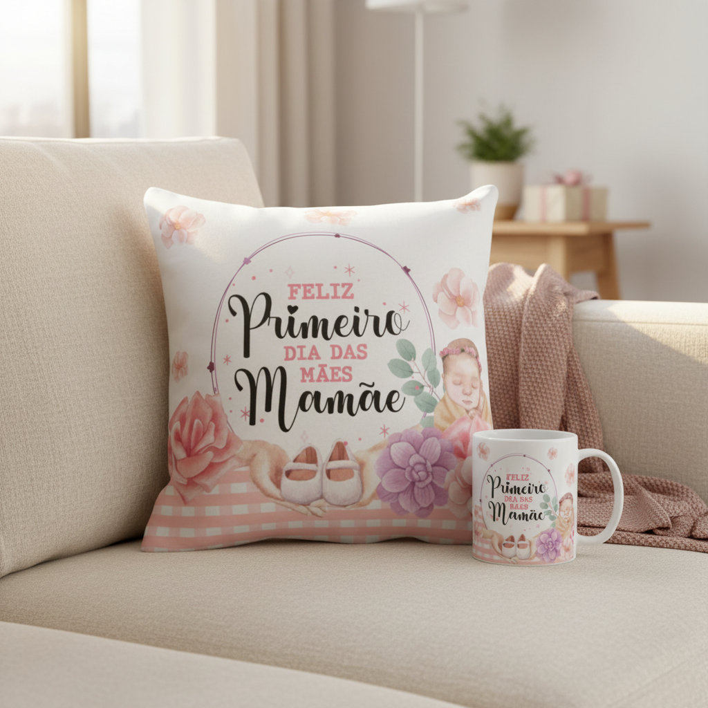 Conjunto Almofada e Caneca Primeiro Dia das Mães Mãe de Menina - Família (Mãe)