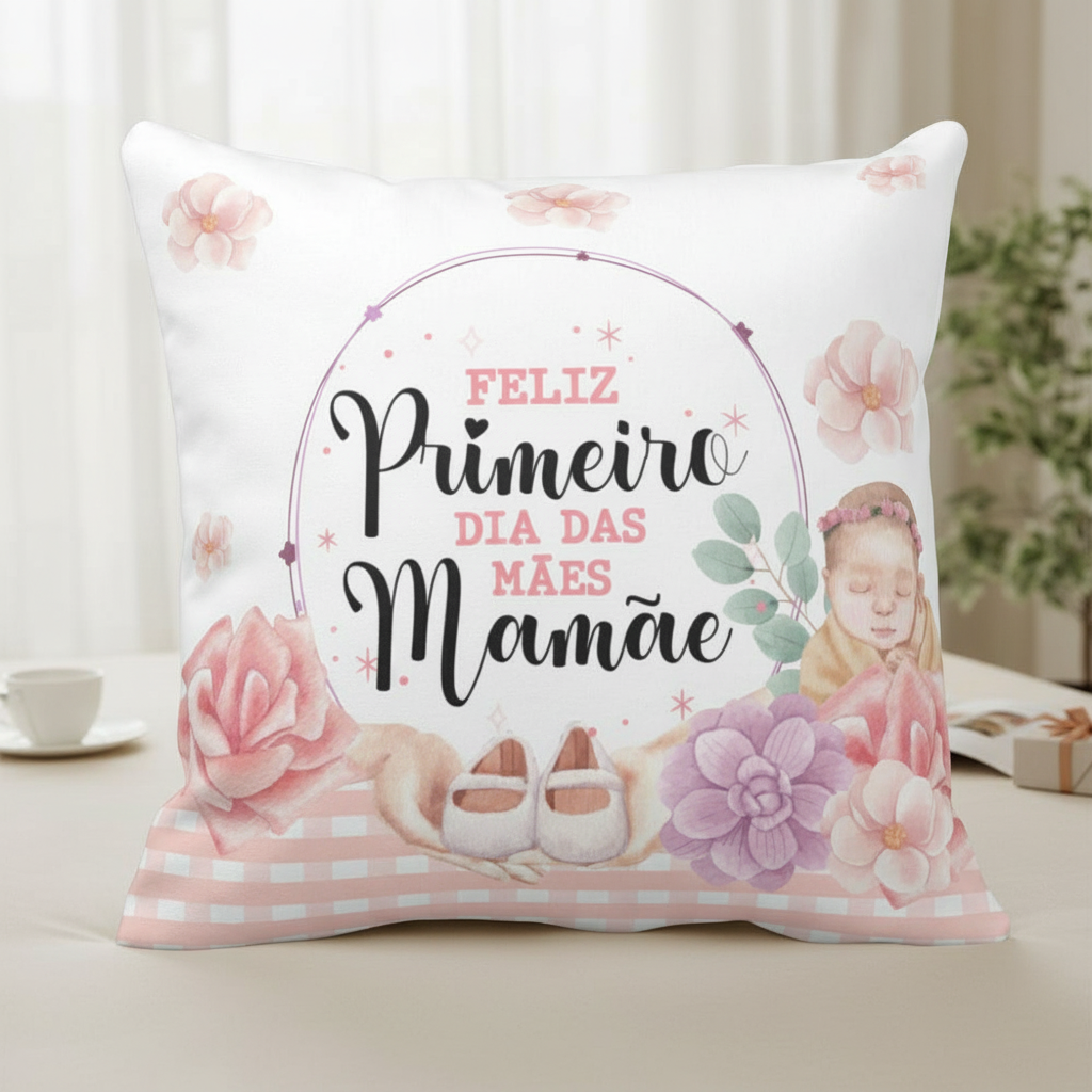 Conjunto Almofada e Caneca Primeiro Dia das Mães Mãe de Menina