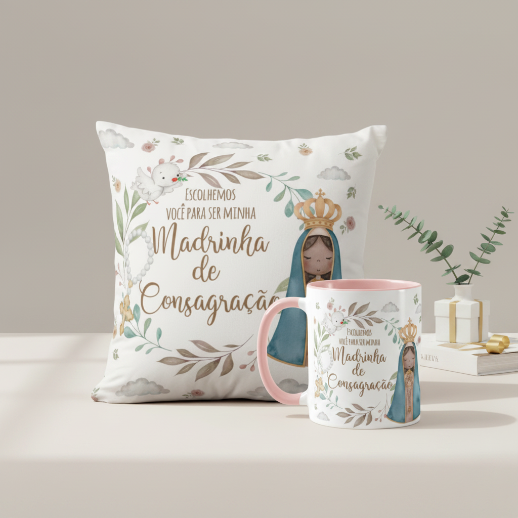 Kit Almofada e Caneca Batismo Madrinha de Consagração Presente Pront - Batizado (Madrinha)