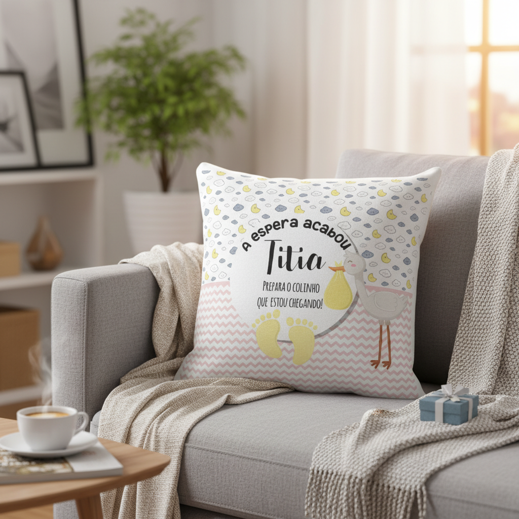 Almofada Decorativa Presente Revelação Gravidez para Titia - Anúncio de Gravidez (Tia)