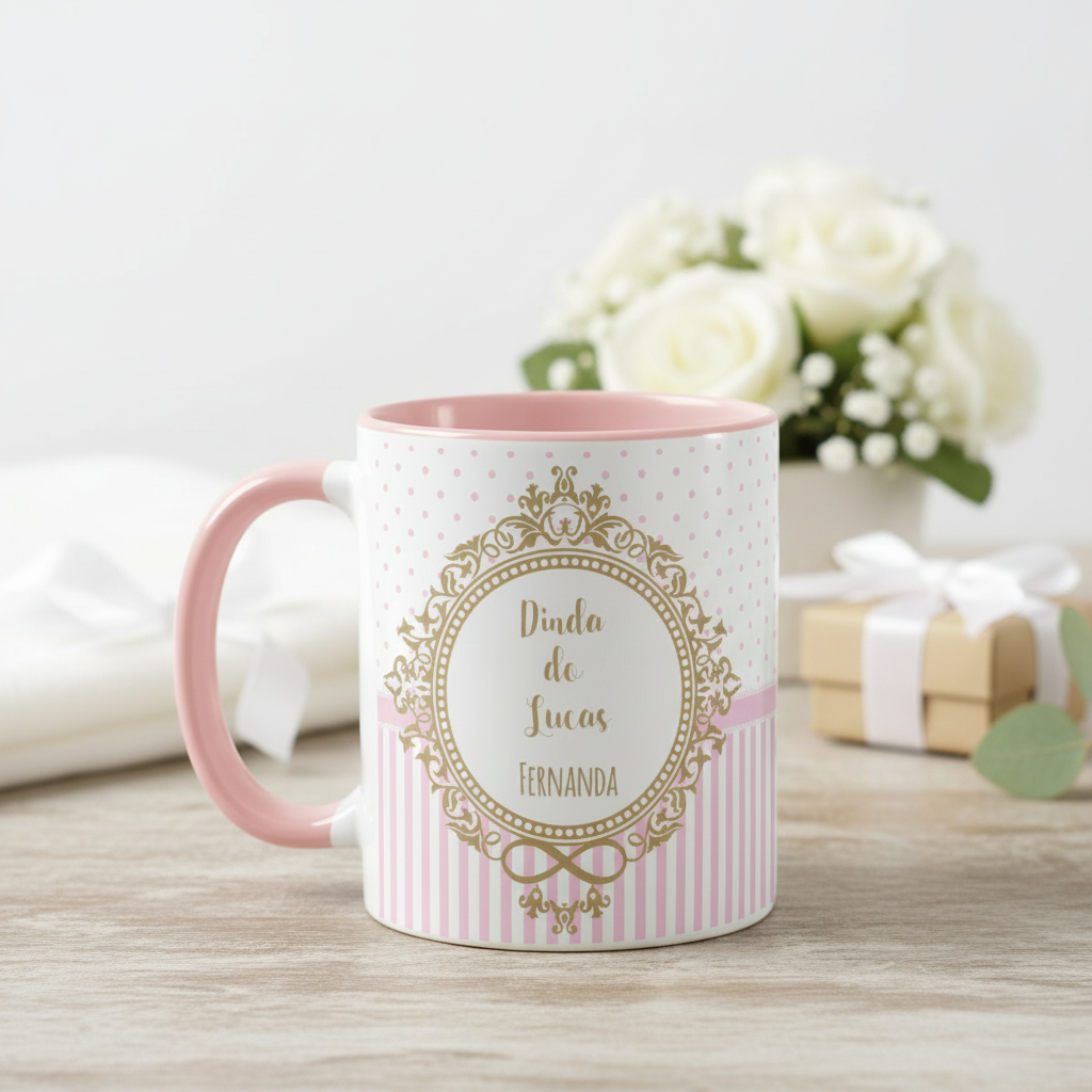 Caneca Presente Madrinha Dinda Batizado Crisma Brasão Nomes - Batizado (Madrinha)