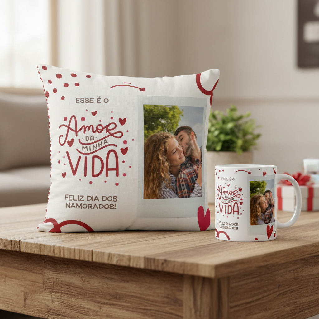 Kit Almofada e Caneca Presente com Foto Declaração ao Amor - Família (Casal)