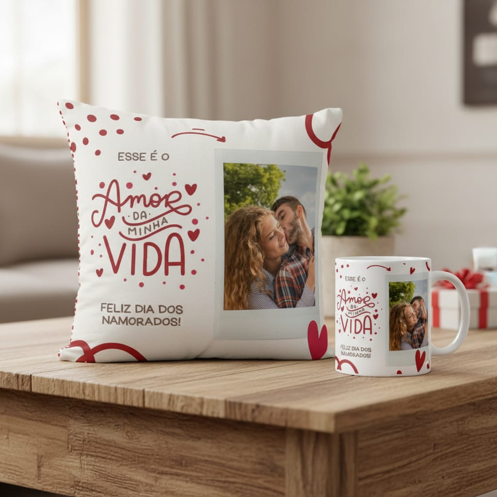 Kit Almofada e Caneca Presente com Foto Declaração ao Amor - Família (Casal)
