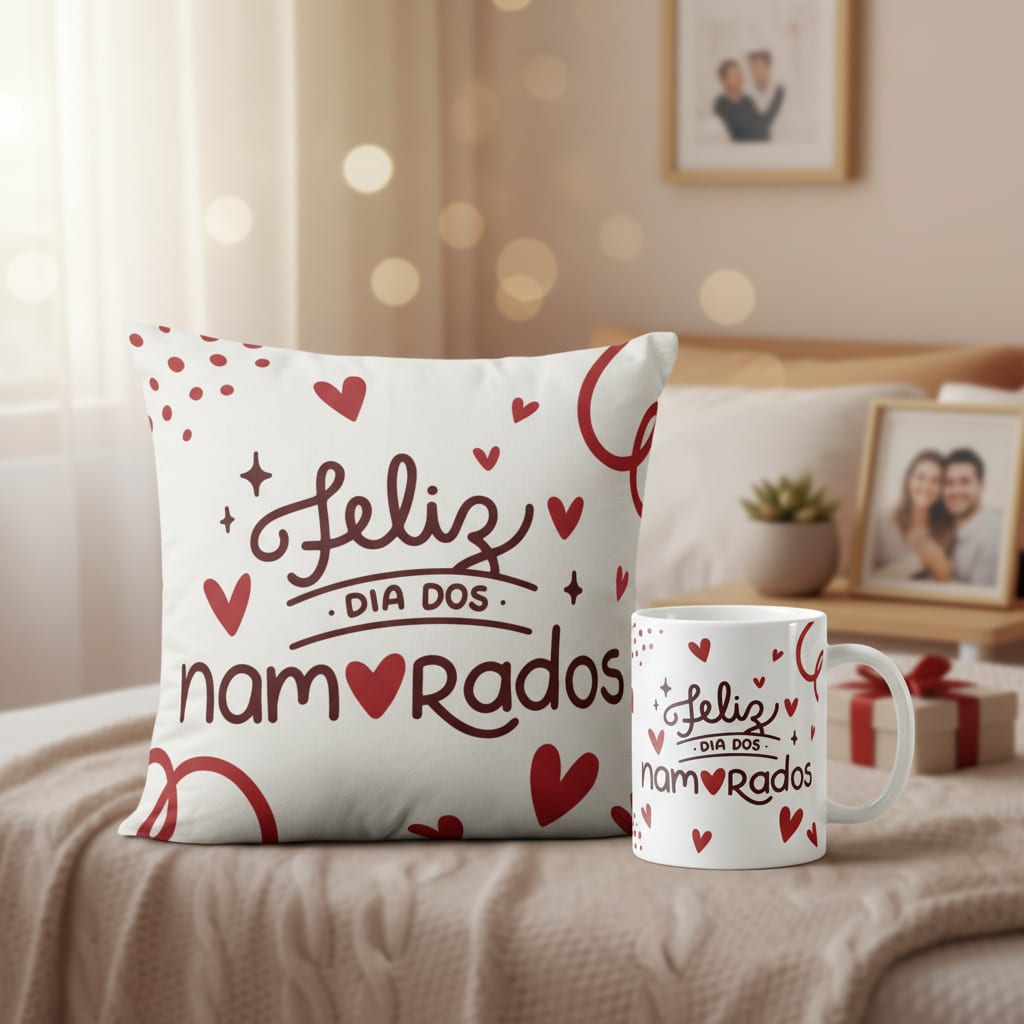 Kit Almofada e Caneca Corações para Casal Dia dos Namorados