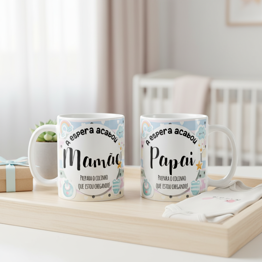 Kit Canecas Presente Gravidez Papai e Mamãe Familia Cresceu - Anúncio de Gravidez (Pai e Mãe)