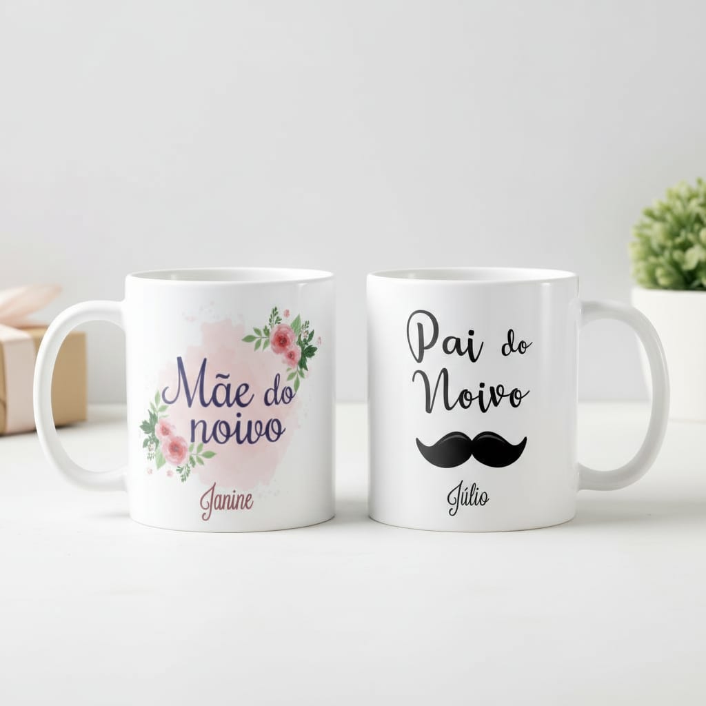 Kit 2 Caneca Casamento Presente Pai e Mãe do Noivo com Nomes - Casamento (Pai e Mãe)