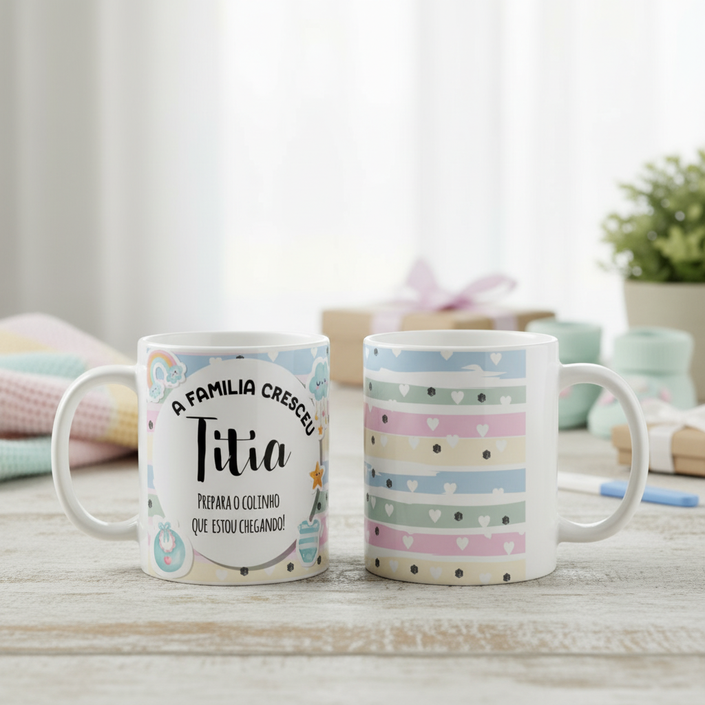 Caneca Presente Gravidez para Tia Titia Familia Cresceu - Anúncio de Gravidez (Tia)