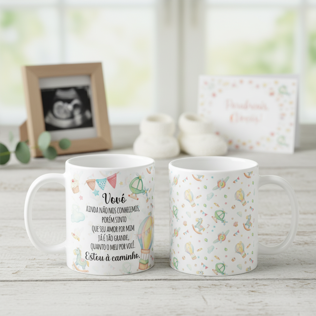 Caneca Presente Revelação de Gravidez Estou à Caminho Vovó - Anúncio de Gravidez (Avós)