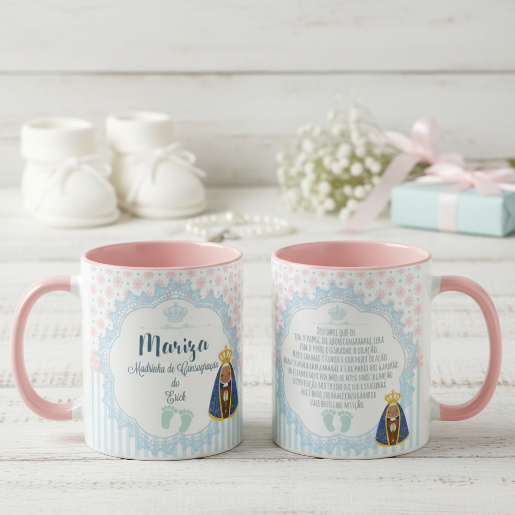 Caneca Rosa Presente Madrinha De Consagração com Nomes - Batizado (Madrinha de Consagração)
