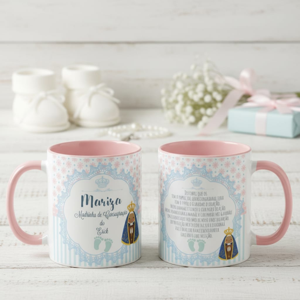 Caneca Rosa Presente Madrinha De Consagração com Nomes - Batizado (Madrinha de Consagração)