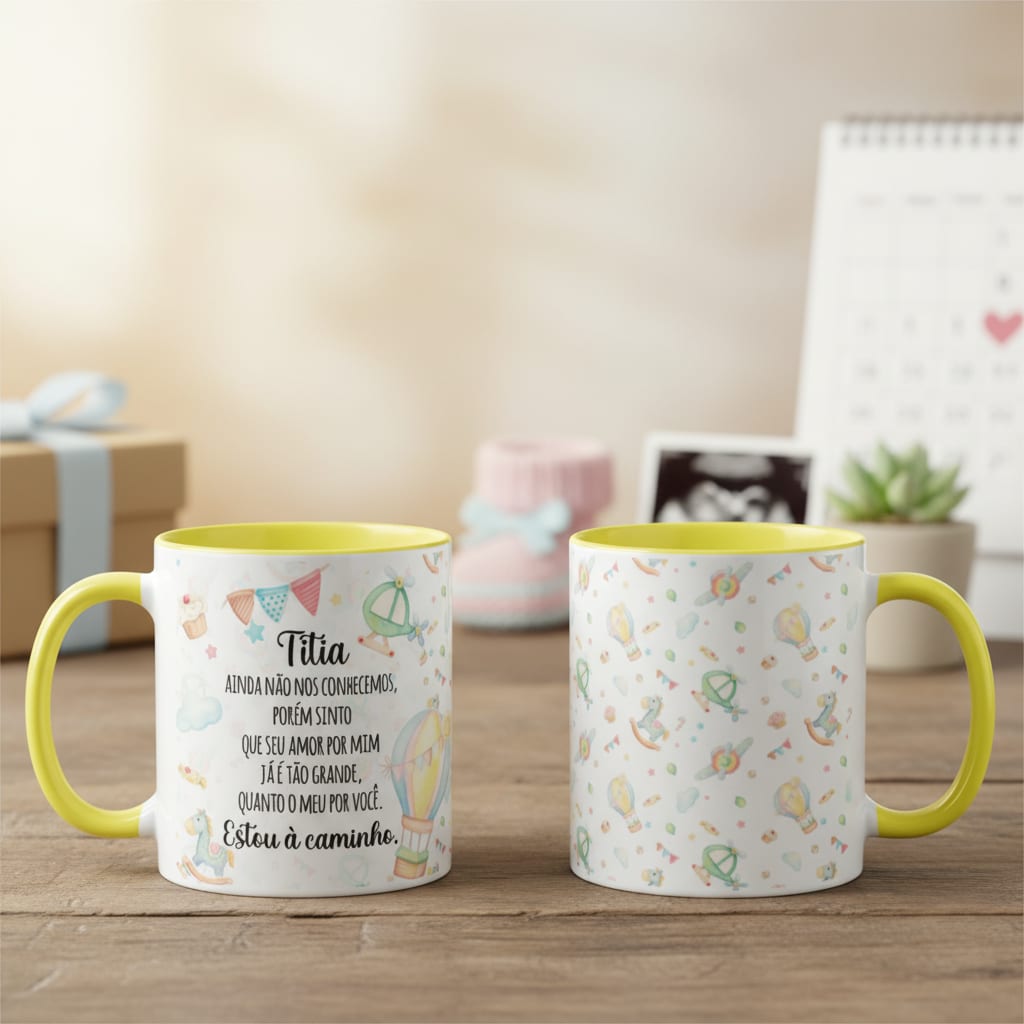 Caneca Presente para Revelear Gravidez Titia Estou à Caminho - Anúncio de Gravidez (Tia)