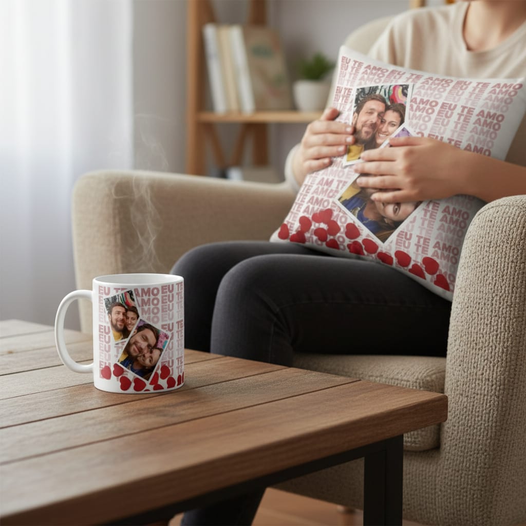 Kit Almofada E Caneca Casal Romântico Presente Namorados Branco 2 Fotos
