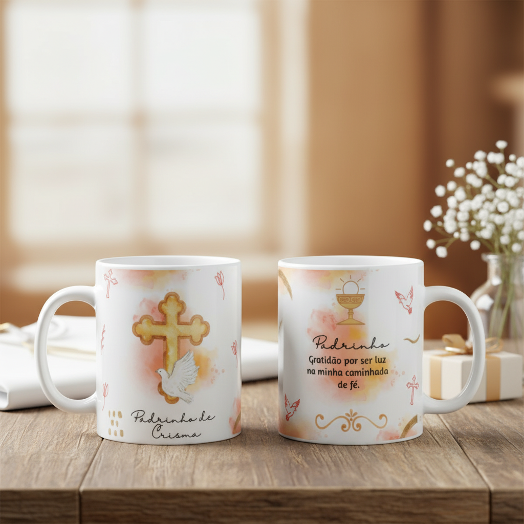 Caneca Cerâmica Presente Padrinho de Crisma Católica - Batizado (Padrinho de Crisma)