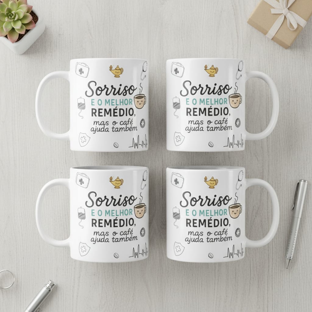 Combo 4 Canecas Brancas Engraçada Sorriso e Café enfermagem - Profissões (Enfermagem)