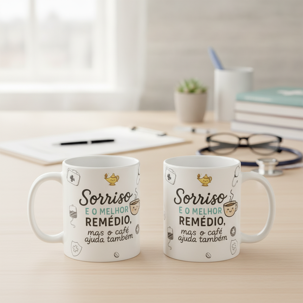 Combo 4 Canecas Brancas Engraçada Sorriso e Café enfermagem