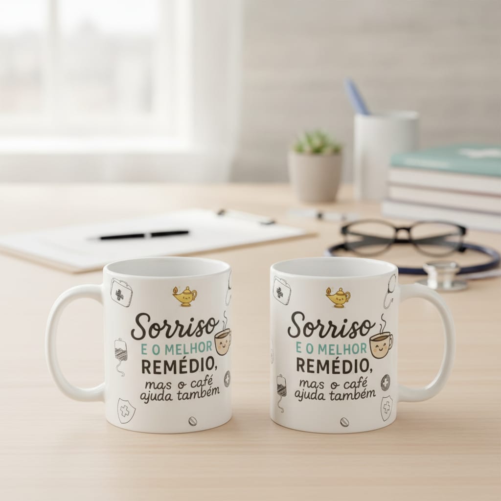 Combo 4 Canecas Brancas Engraçada Sorriso e Café enfermagem