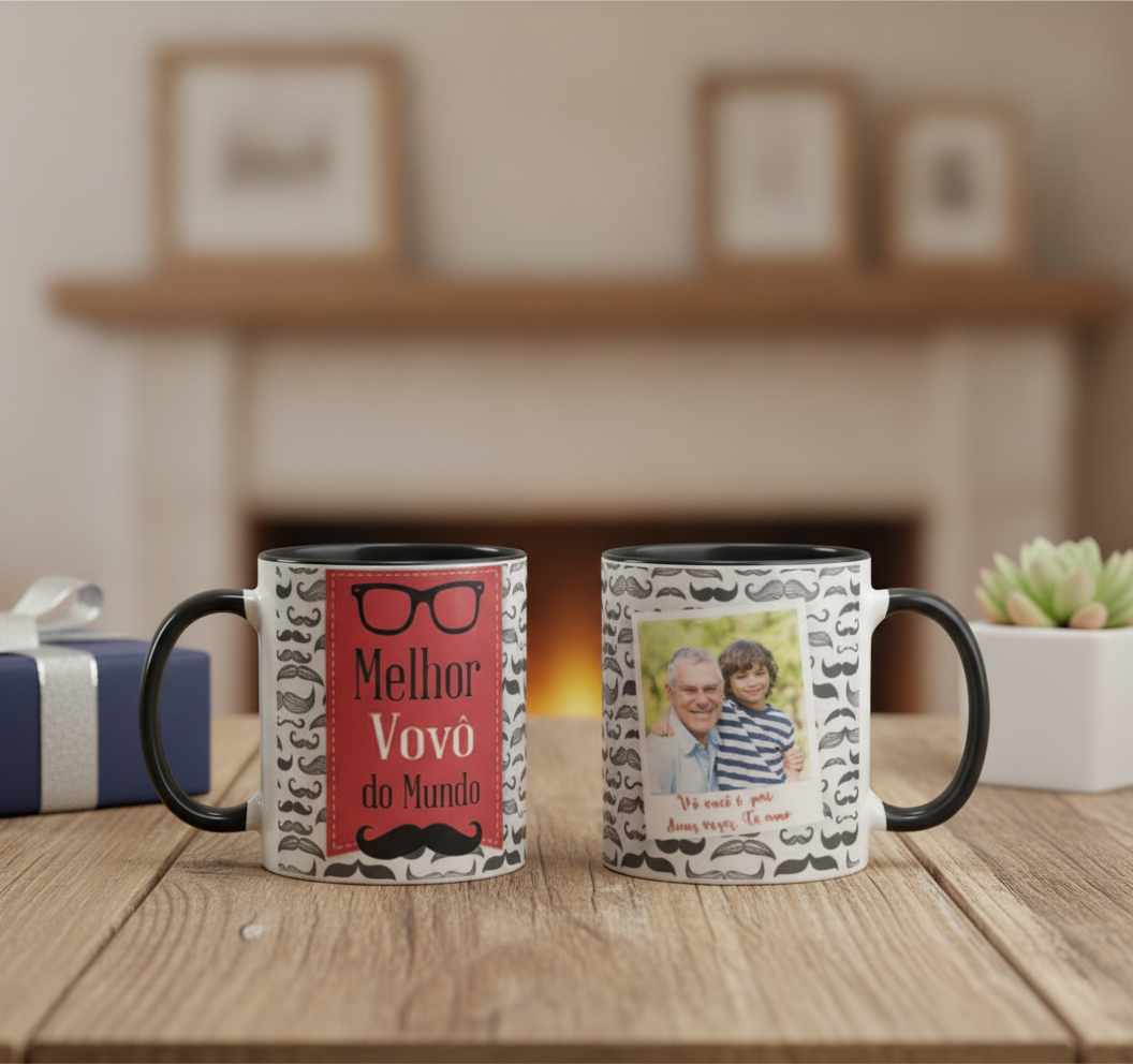 Caneca Avô Café com Amor e Alegria, Presente com Foto - Família (Avô/Vovô)