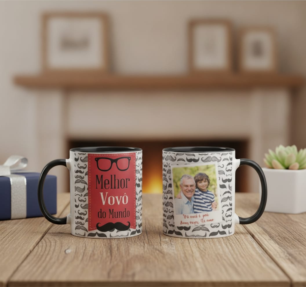 Caneca Avô Café com Amor e Alegria, Presente com Foto - Família (Avô/Vovô)