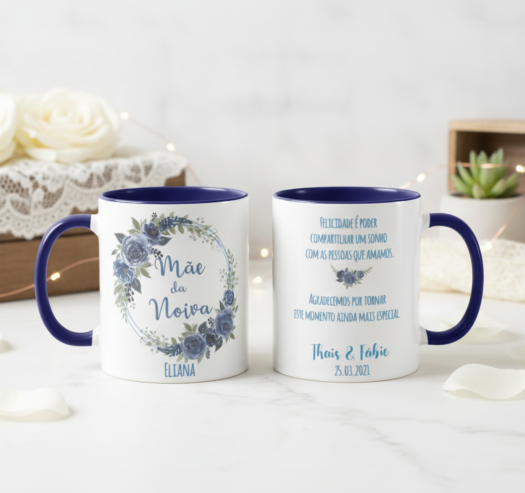 Caneca Azul Casamento Presente Recordação Familia Mãe Avó - Casamento (Noiva)