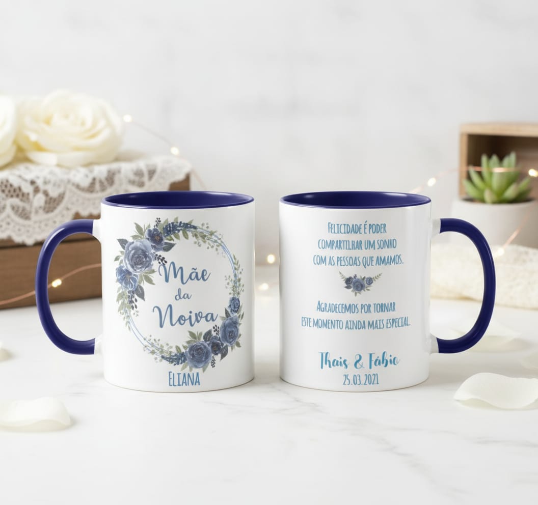 Caneca Azul Casamento Presente Recordação Familia Mãe Avó - Casamento (Noiva)