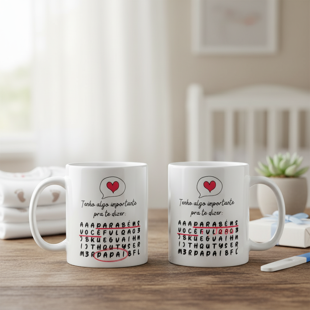 Caneca Caça Palavras Surpresa para Contar Gravidez Papai - Anúncio de Gravidez (Pai)