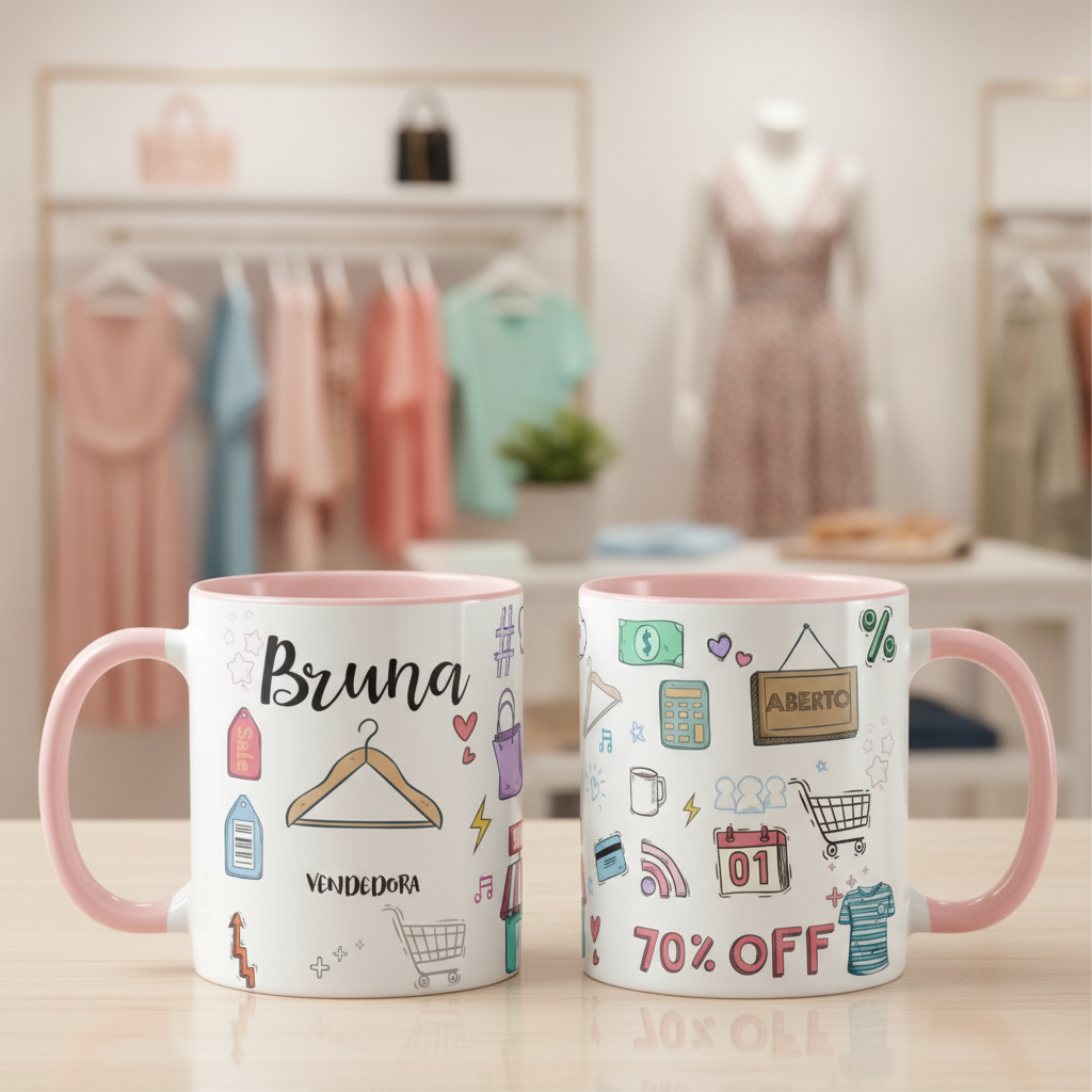 Caneca Comercio Presente Criativo Vendedora com Nome - Profissões (Vendas roupa feminina)
