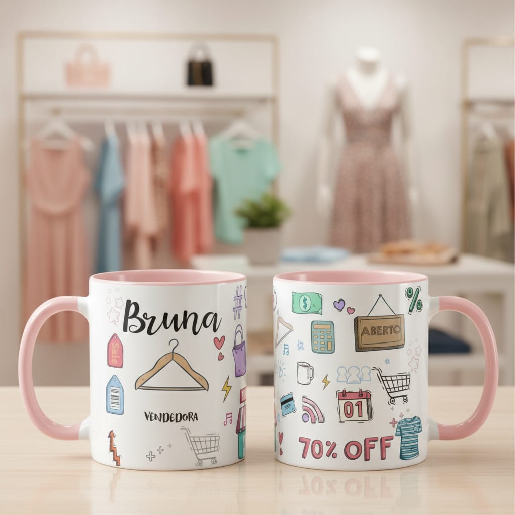 Caneca Comercio Presente Criativo Vendedora com Nome - Profissões (Vendas Roupa Feminina)