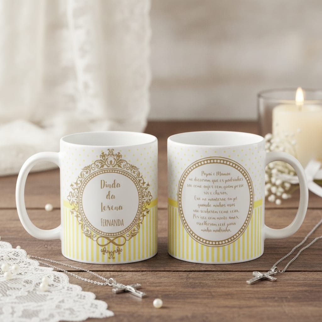 Caneca Convite de Batizado Crisma Amarelo Brasão com Nomes - Batizado (Batizando(a))