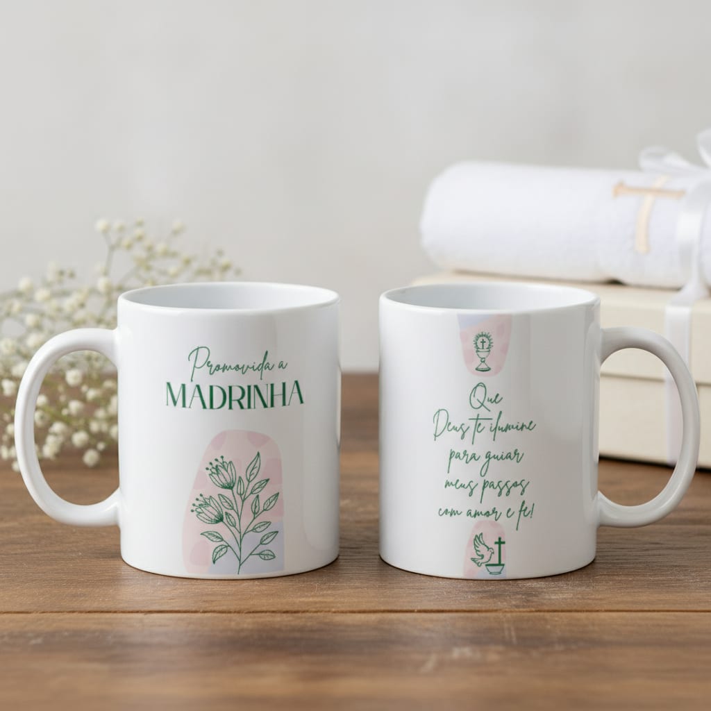 Caneca Convite Madrinha de Batismo Dinda - Batizado (Madrinha)