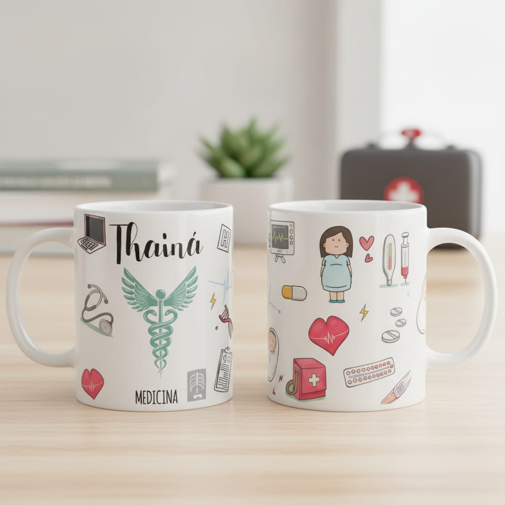 Caneca Criativa Personalizada com Símbolo Medicina com Nome - Profissões (Médico(a))