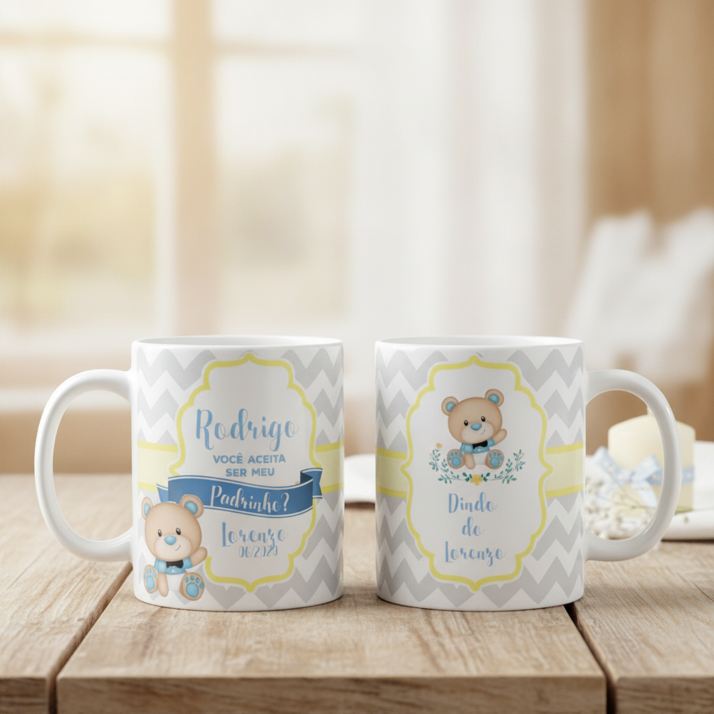 Caneca de Cerâmica Personalizada Padrinho Batizado Urso - Batizado (Padrinho)