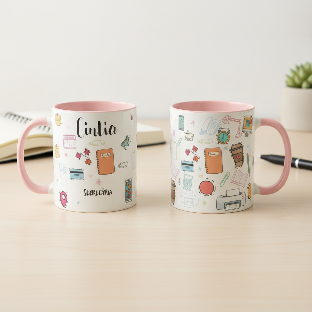 Caneca Divertida de Secretaria Executiva com Nome Profissão - Profissões (Secretaria com agenda)