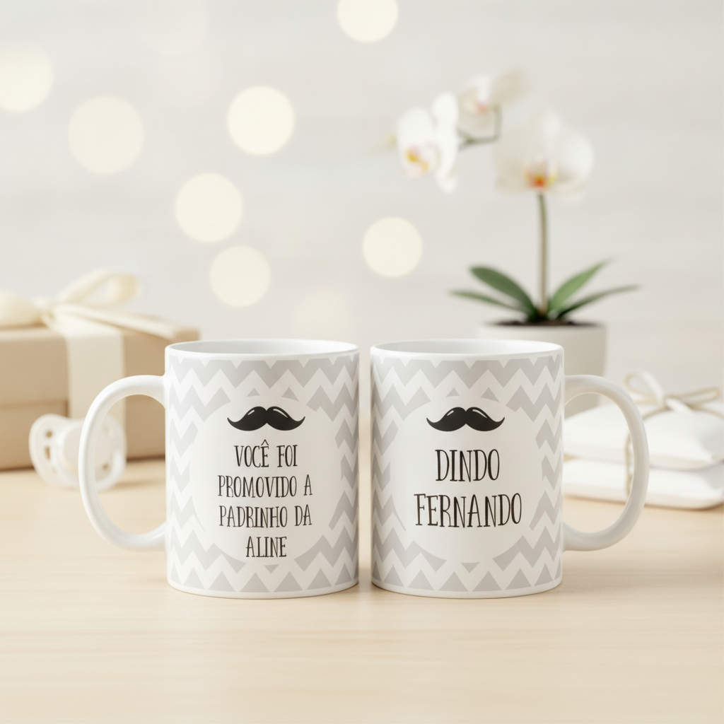 Caneca e Caixinha Presente Promovido a Padrinho com Nomes - Batizado (Padrinho)