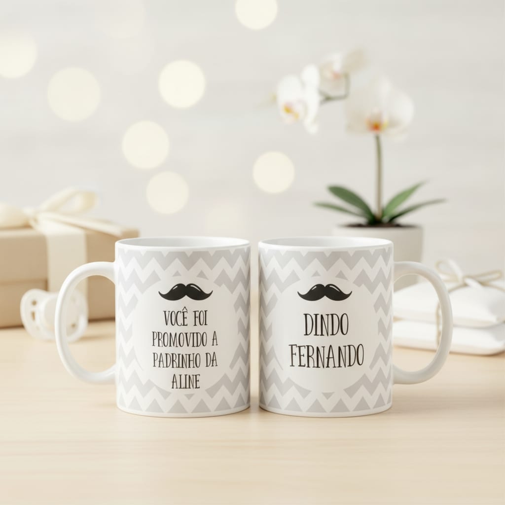 Caneca e Caixinha Presente Promovido a Padrinho com Nomes - Batizado (Padrinho)