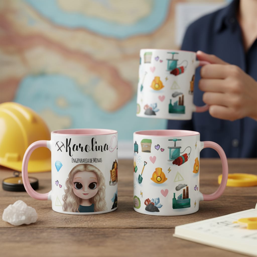 Caneca Engenharia de Minas Engenheira com Avatar e Nome