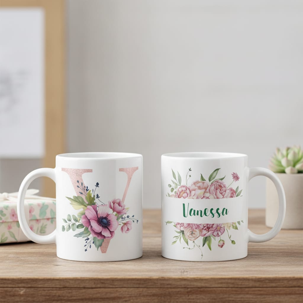 Caneca Feminina Personalizada com Nome e Inicial V - Outros (Floral)