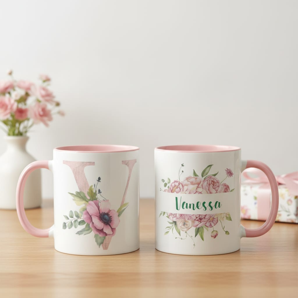 Caneca Feminina Personalizada com Nome e Inicial V - Rosa - Outros (Inicial V floral delicado)